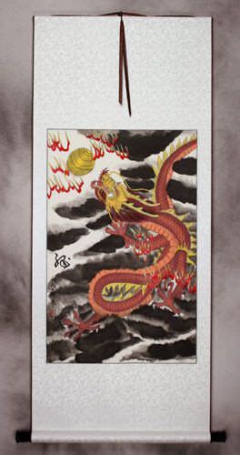 Chinese Red Dragon Silk Scroll Asian Art