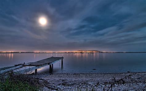 Water Night Moon Lakes Lake Pier Graphy Dock Hd Wallpaper Peakpx