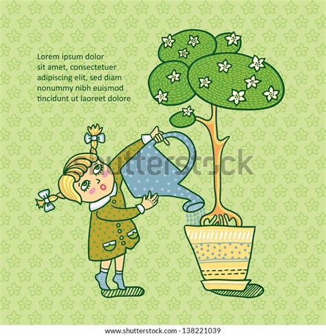 Girl Pours Tree Cartoons Character Eco Stock Vector Royalty Free