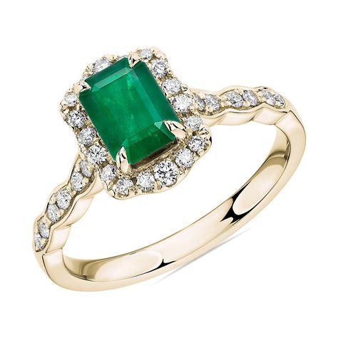 Emerald Cut Emerald Ring With Diamond Halo In 14k Yellow Gold Blue