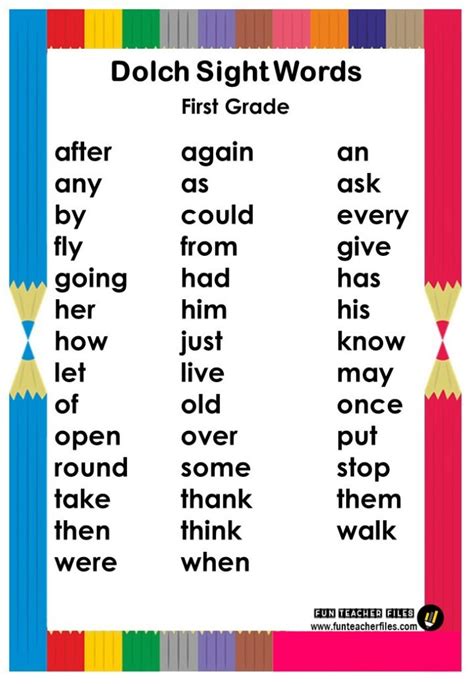 Dolch Sight Words Chart Fun Teacher Files