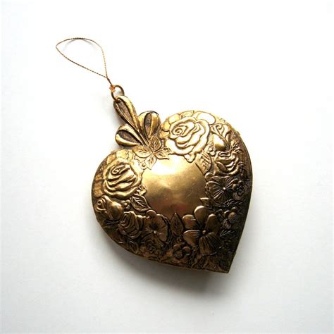 Vintage Ornament Gold Brass Puffy Heart Embossed Metal Etsy Vintage