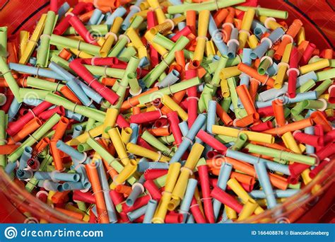 Many Colorful Tombola Tickets Are Lying In A Bowl Stock Photo - Image ...