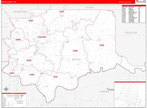 Bryan County Ok Zip Code Wall Map Red Line Style By Marketmaps Mapsales