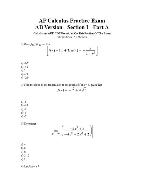 Ap Calculus Practice Exam Ab Version Section I Part A Calculators