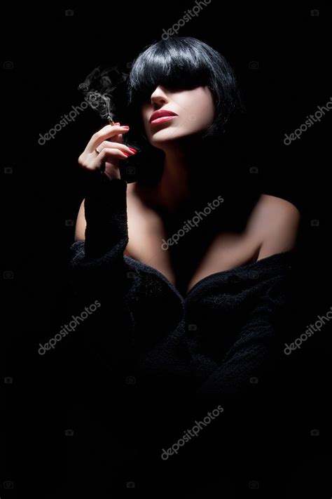 Beautiful Sexy Girl Portrait Black Hair Sensual Red Lips Stock Photo