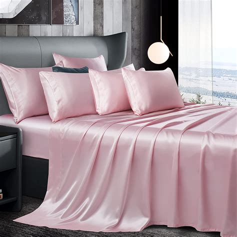 Amazon Com Manyshofu Pcs Light Pink Satin Sheets Queen Size Silky Satin Bed Sheets Set