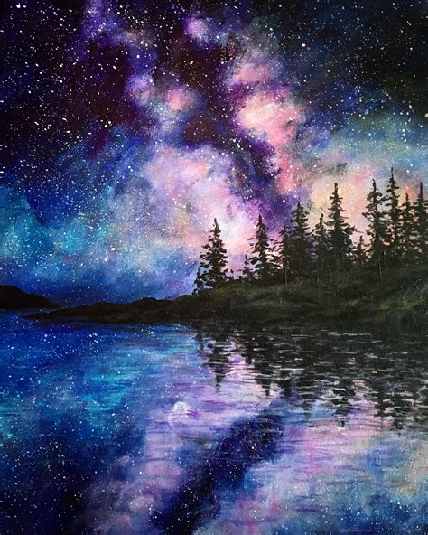 Midnight Lake Lake Painting Galaxy Painting Acrylic Night Sky Painting