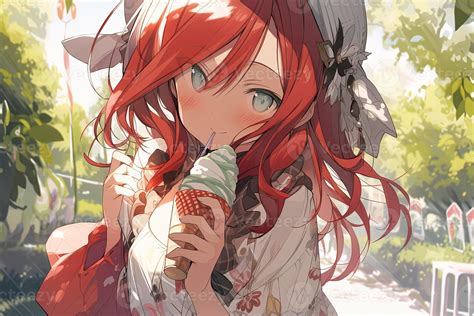 Cute Redhead Anime Girl Eating An Ice Cream In A Park Generated Ai