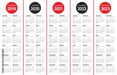 Year 2019 2020 2021 2022 2023 Calendar Vector Design Template Buy