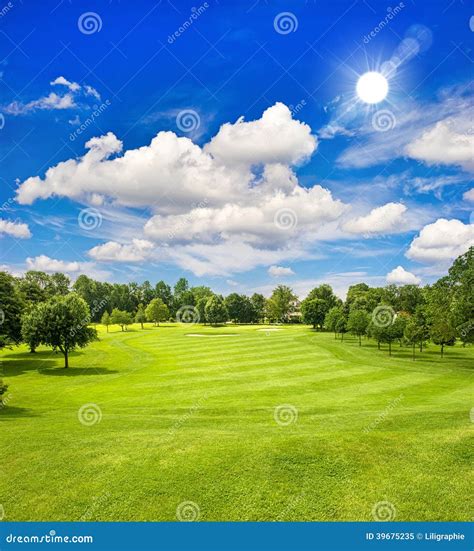 Golf Course And Blue Sunny Sky Green Field Landscape Stock Image