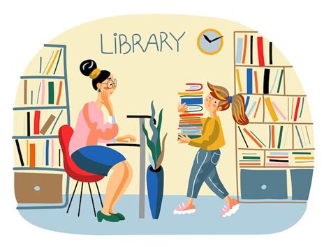 Premium Vector Public School Library Illustration With Librarian And