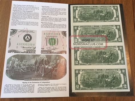 Series 1976 Sheet Of 4 Uncut Uncirculated 2 Dollar Bills