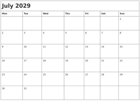 July 2029 Month Calendar