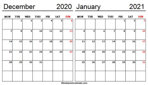December 2020 January 2021 Calendar A4 Blank Calendar Template