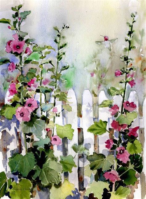 Hollyhock Fence By Sharon Himes Floral Watercolor Flower Painting