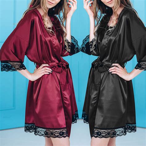 Satin Lace Black Kimono Intimate Sleepwear Robe Sexy Night Gown Women Bathrobe Night Dresses