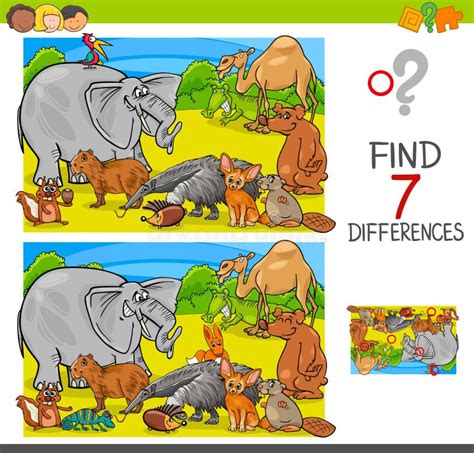 Find Differences Game With Animal Characters Group Stock Vector