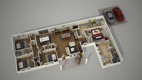 Intensive residential green roof rendered roof garden. How to create a 3D architecture floor plan rendering