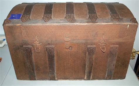 Lot1 Antique Victorian Domed Top Steamer Trunk Embossed Tin Stagecoach