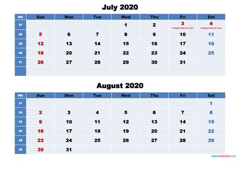 July And August 2020 Calendar With Holidays