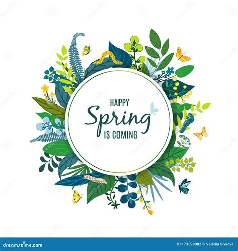 Beautiful Floral Round Frame Text Happy Spring Is Coming Green Leaves