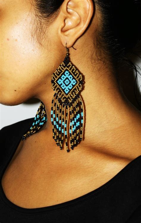 Gold Turquoise Aztec Earrings Aztec Jewelry Traditional Beadwork