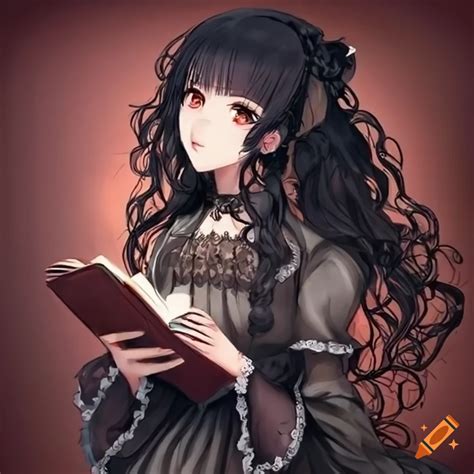 A Elegant Black Hair Anime Girl In A Victorian Dress Reading A Book