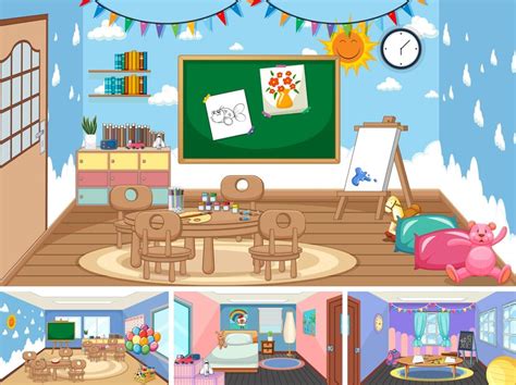 Premium Vector Set Of Different Kindergarten Classroom Scenes