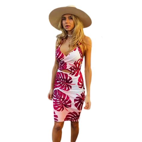 Women Red Leaf Print Summer Halter Knee Length Sexy Deep V Bodycon Dress Free Shipping 3s2400