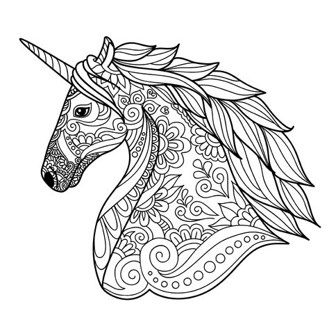 A fantasy coloring book with magical unicorns, beautiful flowers, and relaxing fantasy scenes. Unicorn head simple - Unicorns Adult Coloring Pages