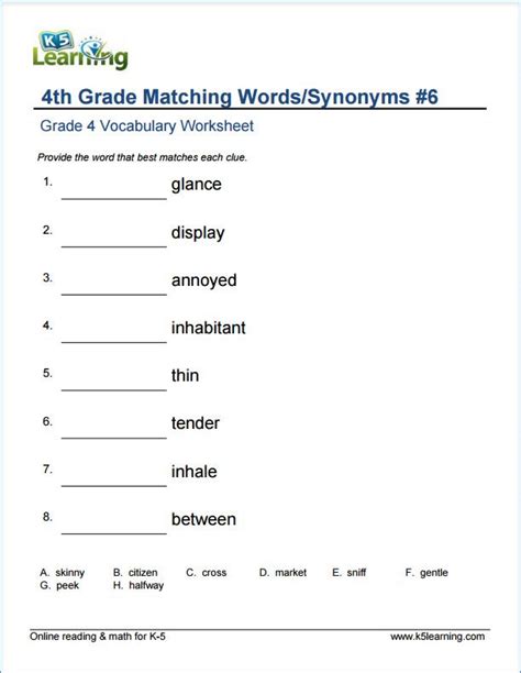Grade Vocabulary Worksheets Printable And Organized By Subject K Learning Grade