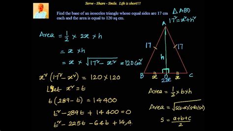 Quadratic Equations Example Find The Base Of An Isosceles Triangle