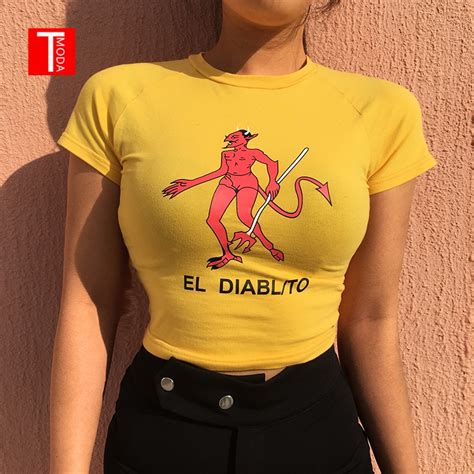 T Moda Sexy Slim Waist Cropped T Shirt Women Fashion Cotton Cartoon Print T Shirt Summer Yellow
