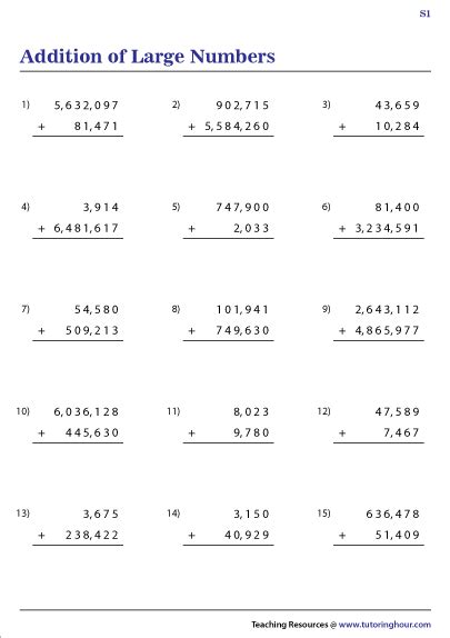 Adding Large Numbers Multi Digit Addition Worksheets