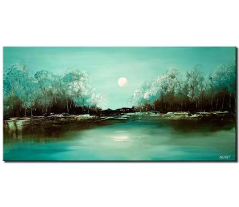 Painting Turquoise Landscape Abstract Paiting Blooming Trees 6656