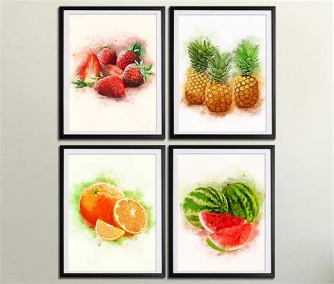 Kitchen Wall Art Set Fruit Print Set Of 4 Fruit Wall Art Etsy Uk