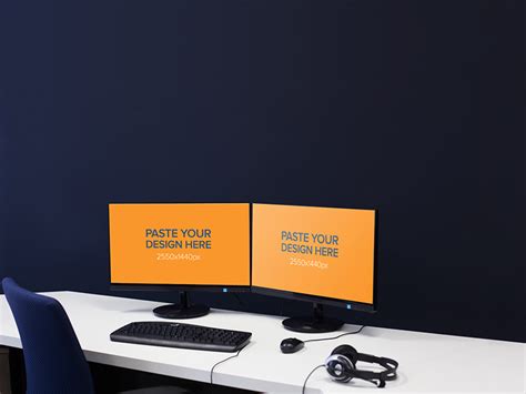 Free computer mockup in psd by: Free Dual Monitor Computer Setup Mockup in PSD - DesignHooks