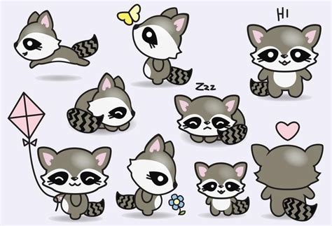 Premium Vector Clipart Kawaii Raccoons Cute Raccoons Clipart Set