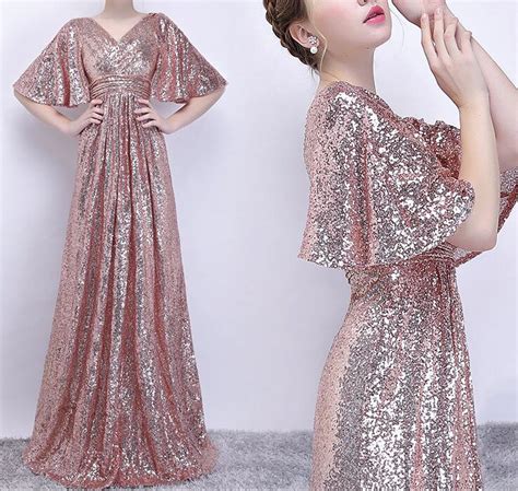 Rose Gold Sequins Long Prom Dress Party Dress Sequins Bridesmaid