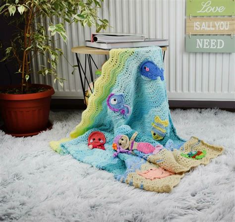 Undersea Sweetness Baby Blanket With 7 Sea Creature Appliques Crochet