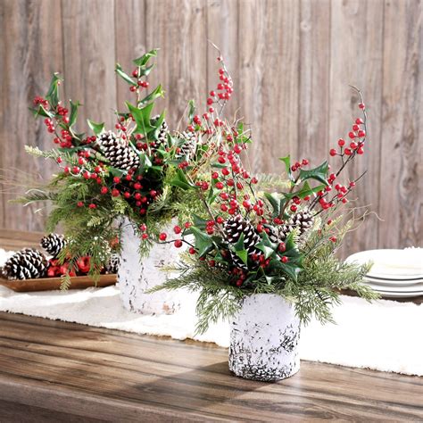 Holly Red Wild Currant Berry And Mixed Cedar Rustic Winter Christmas Arrangement Centerpiece In