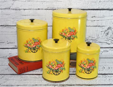 Darling Vintage Kitchen Tin Canisters Set Of 4 Yellow With Floral