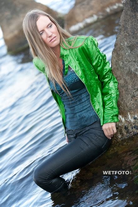 Sea Wetlook With Blonde Girl In Wet Jacket Tight Jeans And High Heels Wetfoto Com