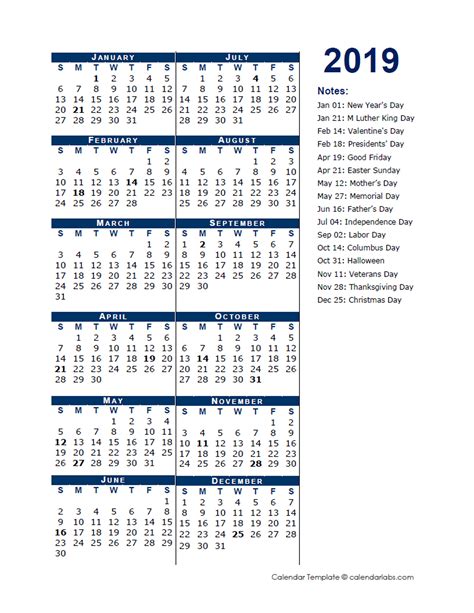 2019 Full Year Calendar Template Half Page Free Printable Templates