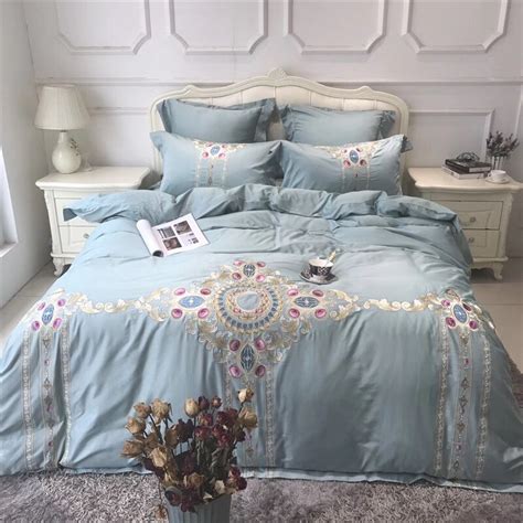 Light Blue Egyptian Cotton Embroidered Luxury Bedding Set 46pcs King