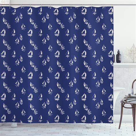 Navy Blue Shower Curtain Hand Drawn Style Sailing Yacht Silhouettes