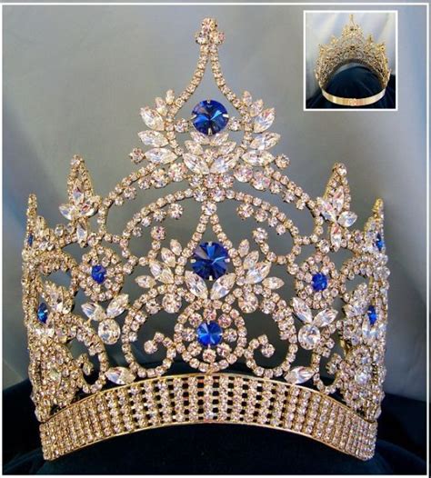 Continental Adjustable Contoured Gold Blue Sapphire Rhinestone Crown