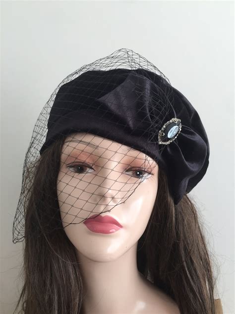 Black Pillbox Hat With Veil Funeral Hat Merry Widow Hat Mourning Hat