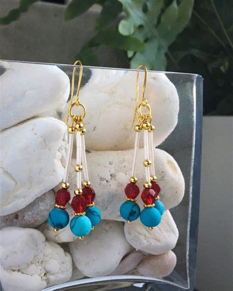 Turquoise Dangle Earrings With Gemstone And Red Glass Beads Image